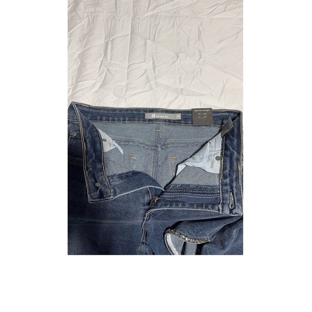 Tractr High Rise Straight Leg Rhinestone Cutout Jeans Blue Denim Sz 16 Frayed